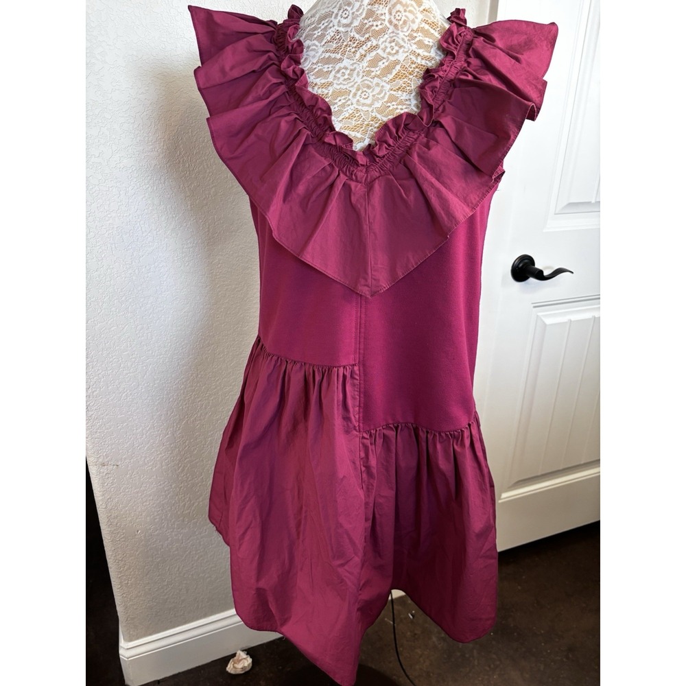 English Factory Ruffled Neck Asymmetrical Tiered Dress Fuscia Pink M Coquette